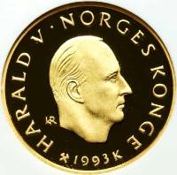 obverse of 1500 Kroner - Harald V - 1994 Olympics in Lillehammer (1993) coin with KM# 451 from Norway. Inscription: HARALD V · NORGES KONGE 1993 K