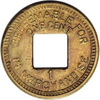 reverse of 1 Cent - Palo Seco Leprosarium (1919) coin with KM# Tn1 from Panama. Inscription: REDEEMABLE FOR ONE CENT 1 IN MERCHANDISE