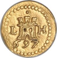 obverse of 1 Escudo - Carlos II - Colonial Cob Coinage (1697 - 1701) coin with KM# 27 from Peru. Inscription: L H 697