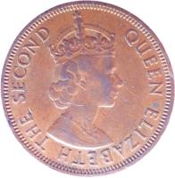 obverse of 1 Cent - Elizabeth II - 1'st Portrait (1955 - 1965) coin with KM# 2 from Eastern Caribbean States. Inscription: QUEEN ELIZABETH THE SECOND