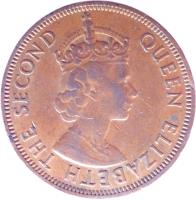 Eastern Caribbean States coin 1 Cent - Elizabeth II - 1'st Portrait (1955 - 1965) obverse obverse of 1 Cent - Elizabeth II - 1'st Portrait (1955 - 1965) coin with KM# 2 from Eastern Caribbean States. Inscription: QUEEN ELIZABETH THE SECOND