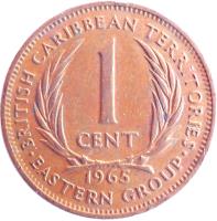 Eastern Caribbean States coin 1 Cent - Elizabeth II - 1'st Portrait (1955 - 1965) reverse reverse of 1 Cent - Elizabeth II - 1'st Portrait (1955 - 1965) coin with KM# 2 from Eastern Caribbean States. Inscription: BRITISH CARIBBEAN TERRITORIES 1 CENT 1965 · EASTERN GROUP ·