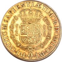 reverse of 8 Escudos - Fernando VI - Colonial Milled Coinage (1751 - 1753) coin with KM# 50 from Peru.