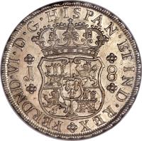 obverse of 8 Reales - Fernando VI - Colonial Milled Coinage (1751 - 1760) coin with KM# 55 from Peru.