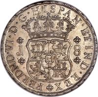 Peru coin 8 Reales - Fernando VI - Colonial Milled Coinage (1751 - 1760) obverse obverse of 8 Reales - Fernando VI - Colonial Milled Coinage (1751 - 1760) coin with KM# 55 from Peru.