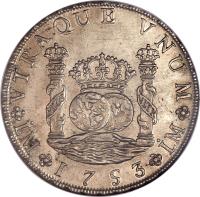 reverse of 8 Reales - Fernando VI - Colonial Milled Coinage (1751 - 1760) coin with KM# 55 from Peru.