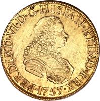 obverse of 8 Escudos - Fernando VI - Colonial Milled Coinage (1754 - 1760) coin with KM# 59 from Peru.