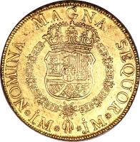 reverse of 8 Escudos - Fernando VI - Colonial Milled Coinage (1754 - 1760) coin with KM# 59 from Peru.