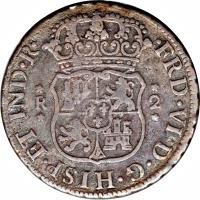 Peru coin 2 Reales - Carlos III (1760 - 1772) obverse obverse of 2 Reales - Carlos III (1760 - 1772) coin with KM# 62 from Peru.