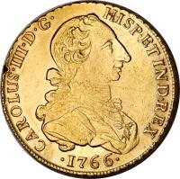 obverse of 8 Escudos - Carlos III - Colonial Milled Coinage (1763 - 1768) coin with KM# 70 from Peru.