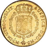 reverse of 8 Escudos - Carlos III - Colonial Milled Coinage (1763 - 1768) coin with KM# 70 from Peru.