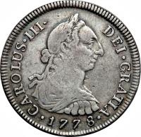 Peru coin 4 Reales - Carlos III (1772 - 1784) obverse obverse of 4 Reales - Carlos III (1772 - 1784) coin with KM# 77 from Peru.