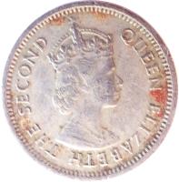 obverse of 10 Cents - Elizabeth II - 1'st Portrait (1955 - 1965) coin with KM# 5 from Eastern Caribbean States. Inscription: QUEEN ELIZABETH THE SECOND