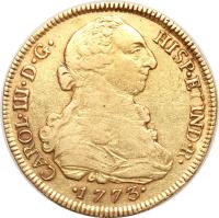 Peru coin 8 Escudos - Carlos III - Colonial Milled Coinage (1772 - 1784) obverse obverse of 8 Escudos - Carlos III - Colonial Milled Coinage (1772 - 1784) coin with KM# 82 from Peru.