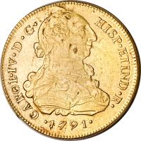 obverse of 8 Escudos - Carlos IV - Colonial Milled Coinage (1789 - 1791) coin with KM# 92 from Peru.