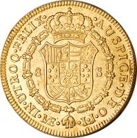 Peru coin 8 Escudos - Carlos IV - Colonial Milled Coinage (1789 - 1791) reverse reverse of 8 Escudos - Carlos IV - Colonial Milled Coinage (1789 - 1791) coin with KM# 92 from Peru.