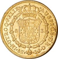 reverse of 8 Escudos - Carlos IV - Colonial Milled Coinage (1789 - 1791) coin with KM# 92 from Peru.