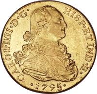 obverse of 8 Escudos - Carlos IV - Colonial Milled Coinage (1792 - 1808) coin with KM# 101 from Peru.