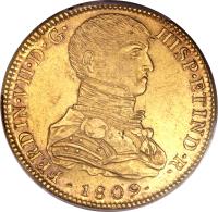 obverse of 8 Escudos - Fernando VII - Colonial Milled Coinage (1808 - 1811) coin with KM# 107 from Peru.