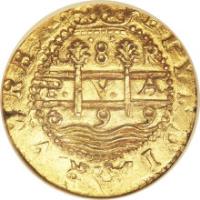 Peru coin 8 Escudos - Carlos II (1696 - 1701) reverse reverse of 8 Escudos - Carlos II (1696 - 1701) coin with KM# 26 from Peru. Inscription: P V A