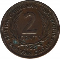 Eastern Caribbean States coin 2 Cents - Elizabeth II - 1'st Portrait (1955 - 1965) reverse reverse of 2 Cents - Elizabeth II - 1'st Portrait (1955 - 1965) coin with KM# 3 from Eastern Caribbean States. Inscription: BRITISH CARIBBEAN TERRITORIES 2 CENTS 1955 · EASTERN GROUP ·