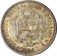 obverse of 50 Centimos - Transitional Coinage (1858 - 1859) coin with KM# 179 from Peru.