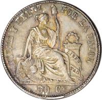 Peru coin 50 Centimos - Transitional Coinage (1858 - 1859) reverse reverse of 50 Centimos - Transitional Coinage (1858 - 1859) coin with KM# 179 from Peru.