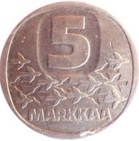 Finland coin 5 Markkaa (1979 - 1993) reverse reverse of 5 Markkaa (1979 - 1993) coin with KM# 57 from Finland. Inscription: 5 MARKKAA