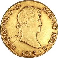 obverse of 8 Escudos - Fernando VII - Colonial Milled Coinage (1814 - 1824) coin with KM# 129 from Peru.