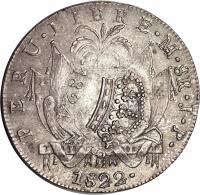 obverse of 8 Reales - Fernando VII - Countermarked (1822 - 1823) coin with KM# 130 from Peru. Inscription: PERU LIBRE 1822