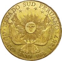 obverse of 8 Escudos - South Peru (1837) coin with KM# 167 from Peru. Inscription: ESTADO SUD PERUANO . CUZCO ANO DE 1837 .