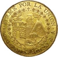 reverse of 8 Escudos - South Peru (1837) coin with KM# 167 from Peru. Inscription: FIRME POR LA UNION .8E.21.Q.FEDERACION.B.A.