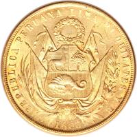 obverse of 8 Escudos - Transitional Coinage (1862 - 1863) coin with KM# 183 from Peru. Inscription: REPUBLICA PERUANA LIMA 21 QUILATES Y B 1863