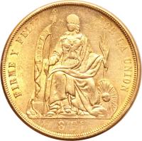 Peru coin 8 Escudos - Transitional Coinage (1862 - 1863) reverse reverse of 8 Escudos - Transitional Coinage (1862 - 1863) coin with KM# 183 from Peru. Inscription: FIRME Y FELIZ POR LA UNIÓN LIBERTARD 8 ES.