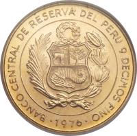Peru coin 1 Sol de Oro - Battle of Ayacucho (1976) obverse obverse of 1 Sol de Oro - Battle of Ayacucho (1976) coin with KM# 269 from Peru. Inscription: Banco central del peru 9 decimos fino 1976