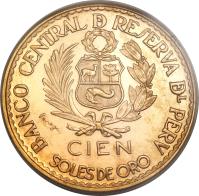 Peru coin 100 Soles de Oro - Casa de Moneda (1965) obverse obverse of 100 Soles de Oro - Casa de Moneda (1965) coin with KM# 243 from Peru.