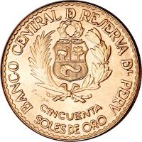 Peru coin 50 Soles de Oro - Casa de Moneda (1965) obverse obverse of 50 Soles de Oro - Casa de Moneda (1965) coin with KM# 242 from Peru.