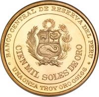 obverse of 100000 Soles de oro - Andrés A. Câceres (1979) coin with KM# 281 from Peru. Inscription: BANCO CENTRAL DE RESERVA DEL PERU CIEN MIL SOES DE ORO UNA ONZA TROY ORO 0.9166