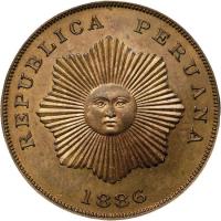 obverse of 2 Centavos (1886) coin with KM# Pn25 from Peru. Inscription: REPUBLICA PERUANA 1886