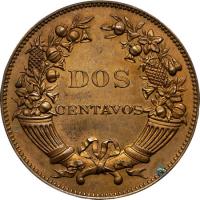 Peru coin 2 Centavos (1886) reverse reverse of 2 Centavos (1886) coin with KM# Pn25 from Peru. Inscription: DOS CENTAVOS