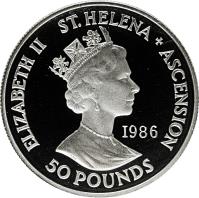 obverse of 50 Pounds - Elizabeth II - Napoleon's Death (1986) coin with KM# 10 from Saint Helena and Ascension. Inscription: ELIZABETH II ST.HELENA + ASCENCION 1986 RDM 50 POUNDS
