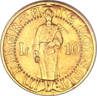 San Marino coin 10 Lire (1925) reverse reverse of 10 Lire (1925) coin with KM# 7 from San Marino. Inscription: L 10