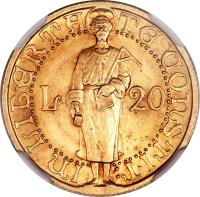 San Marino coin 20 Lire (1925) reverse reverse of 20 Lire (1925) coin with KM# 8 from San Marino. Inscription: L 20