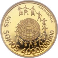 reverse of 2500 Dobras - Independence (1977) coin with KM# 37 from São Tomé and Príncipe. Inscription: INDEPENDÊNCIA NÓS SOMOS 4.000.000.000