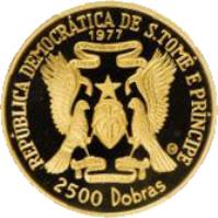 obverse of 2500 Dobras - Independence (1977) coin with KM# 36 from São Tomé and Príncipe. Inscription: REPÚBLICA DEMOCRÀTICA DE S.TOMÉ E PRÍNCIPE REPÚBLICA DEMOCRÀTICA DE S.TOMÉ E PRÍNCIPE UNIDADE DISCIPLINA TRABALHO 1977 2500 Dobras