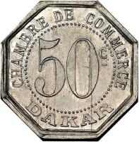Senegal coin 50 Centimes - Dakar (1920) reverse reverse of 50 Centimes - Dakar (1920) coin with KM# Tn6 from Senegal. Inscription: CHAMBRE DE COMMERCE 50c DAKAR