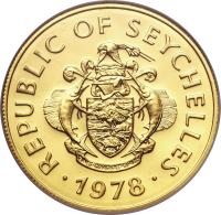 Seychelles coin 1500 Rupees - Flycatcher (1978) obverse obverse of 1500 Rupees - Flycatcher (1978) coin with KM# 41 from Seychelles. Inscription: REPUBLIC OF SEYCHELLES FINIS · CORONAT · OPVS · 1978 ·