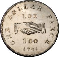 reverse of 1 Dollar - Sierra Leone Company (1791) coin with KM# 6 from Sierra Leone. Inscription: ONE DOLLAR PIECE 100 100 1791