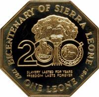 reverse of 1 Leone - Independence (1987) coin with KM# 40a from Sierra Leone. Inscription: BICENTENARY OF SIERRA LEONE 1787 ONE LEONE 1987 SLAVERY LASTED FOR YEARS FREEDOM LASTS FOREVER