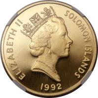 obverse of 100 Dollars - Elizabeth II - Battle of Guadalcanal (1992) coin with KM# 45 from Solomon Islands. Inscription: ELIZABETH II SOLOMON ISLANDS 1992